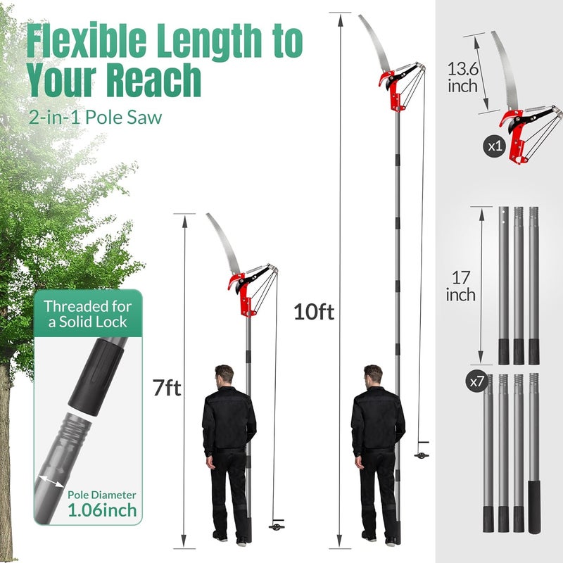 Suchtale 10FT Pole Saw for Tree Trimming, Manual Tree Pruner with Steel Blade & Scissors, Long Handle Branch Cutter Pole, Extendable Limb Trimmer for High Branches, Yard Garden Pruning Saw - Image 2